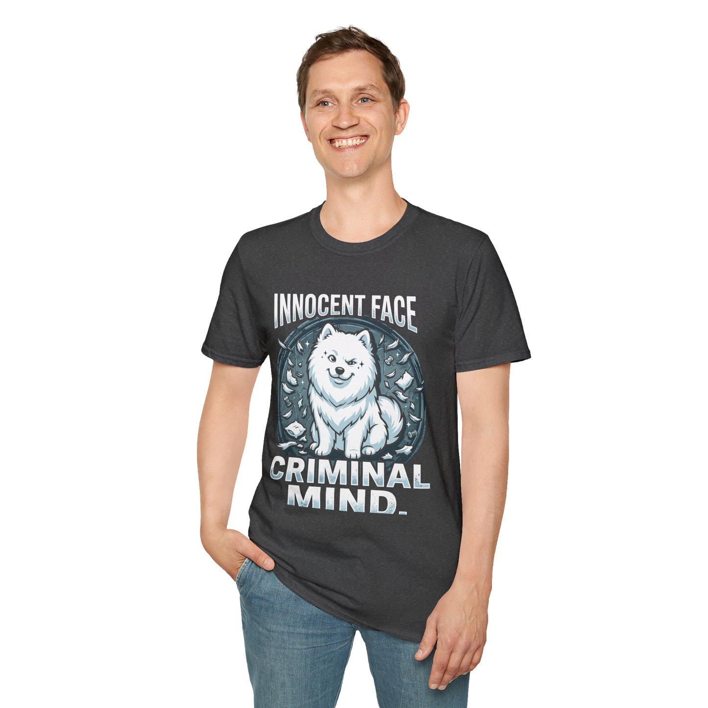 Innocent Face, Criminal Mind — Samoyed Owner Tee — dark heather, front view