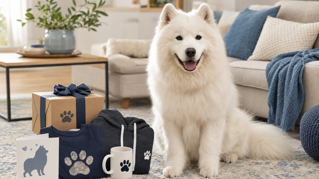 Smiling Samoyed beside gift ideas including a T-shirt, hoodie, mug and wrapped present
