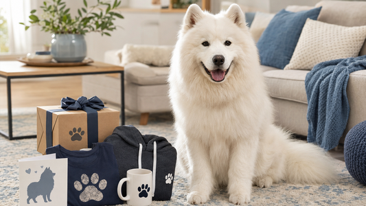 Smiling Samoyed beside gift ideas including a T-shirt, hoodie, mug and wrapped present