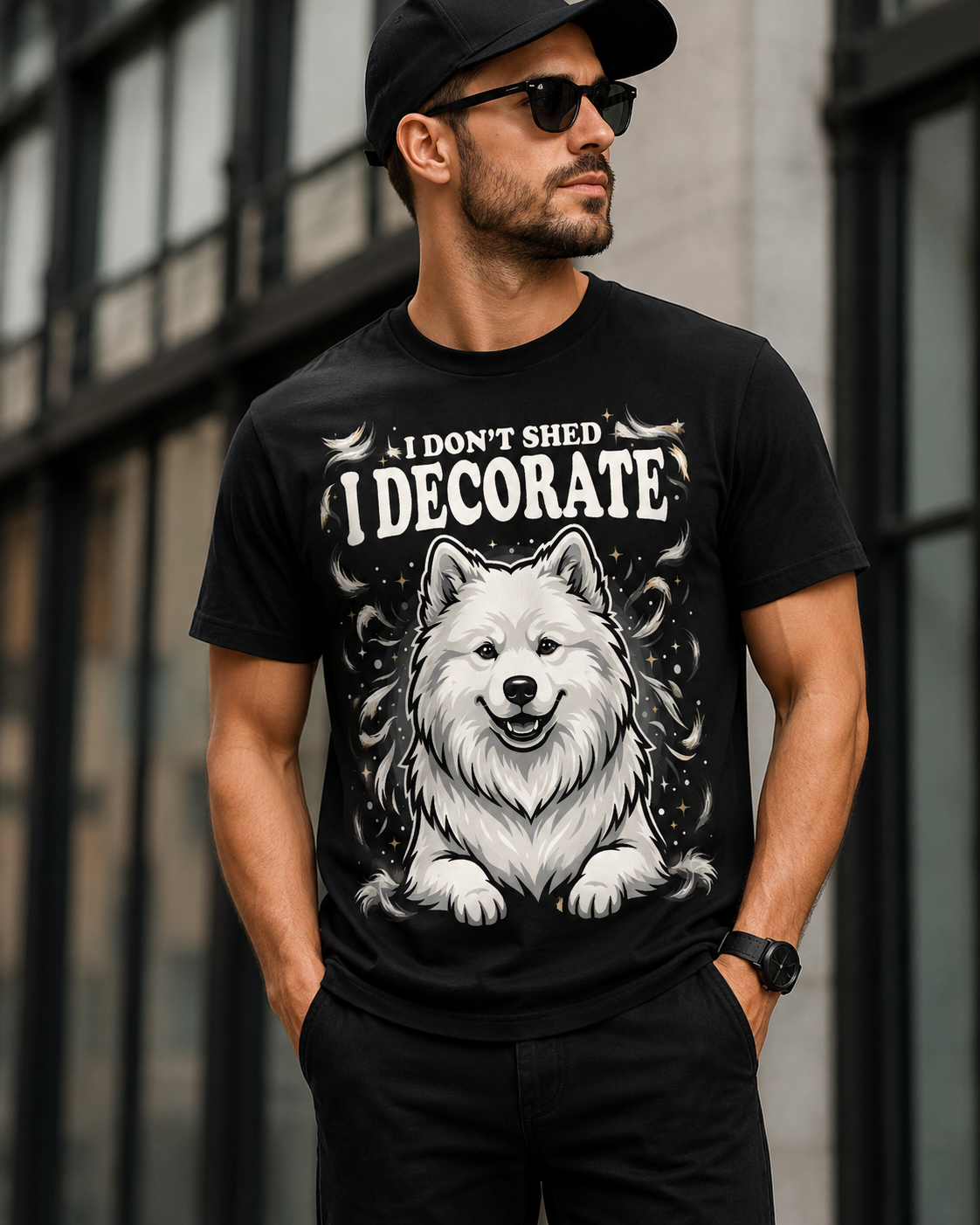I Don't Shed, I Decorate Samoyed tee - front design