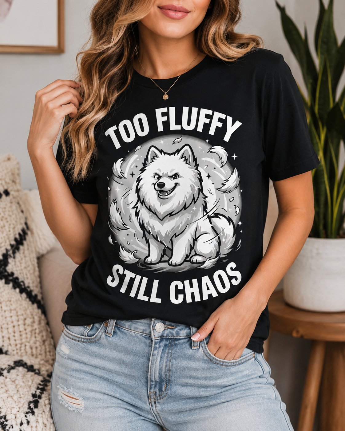 Too Fluffy, Still Chaos Samoyed tee - back view