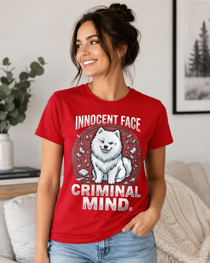 Innocent Face, Criminal Mind Samoyed tee - back view