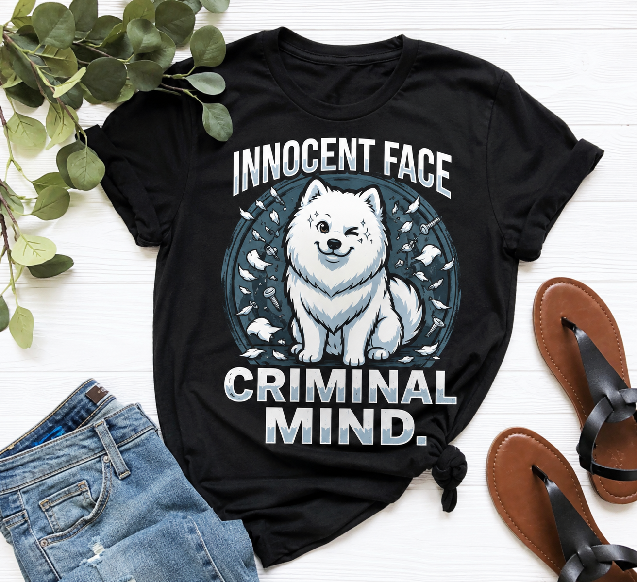 Innocent Face, Criminal Mind Samoyed tee - worn by model