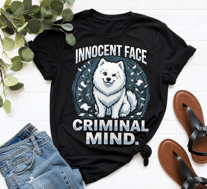 Innocent Face, Criminal Mind Samoyed tee - worn by model