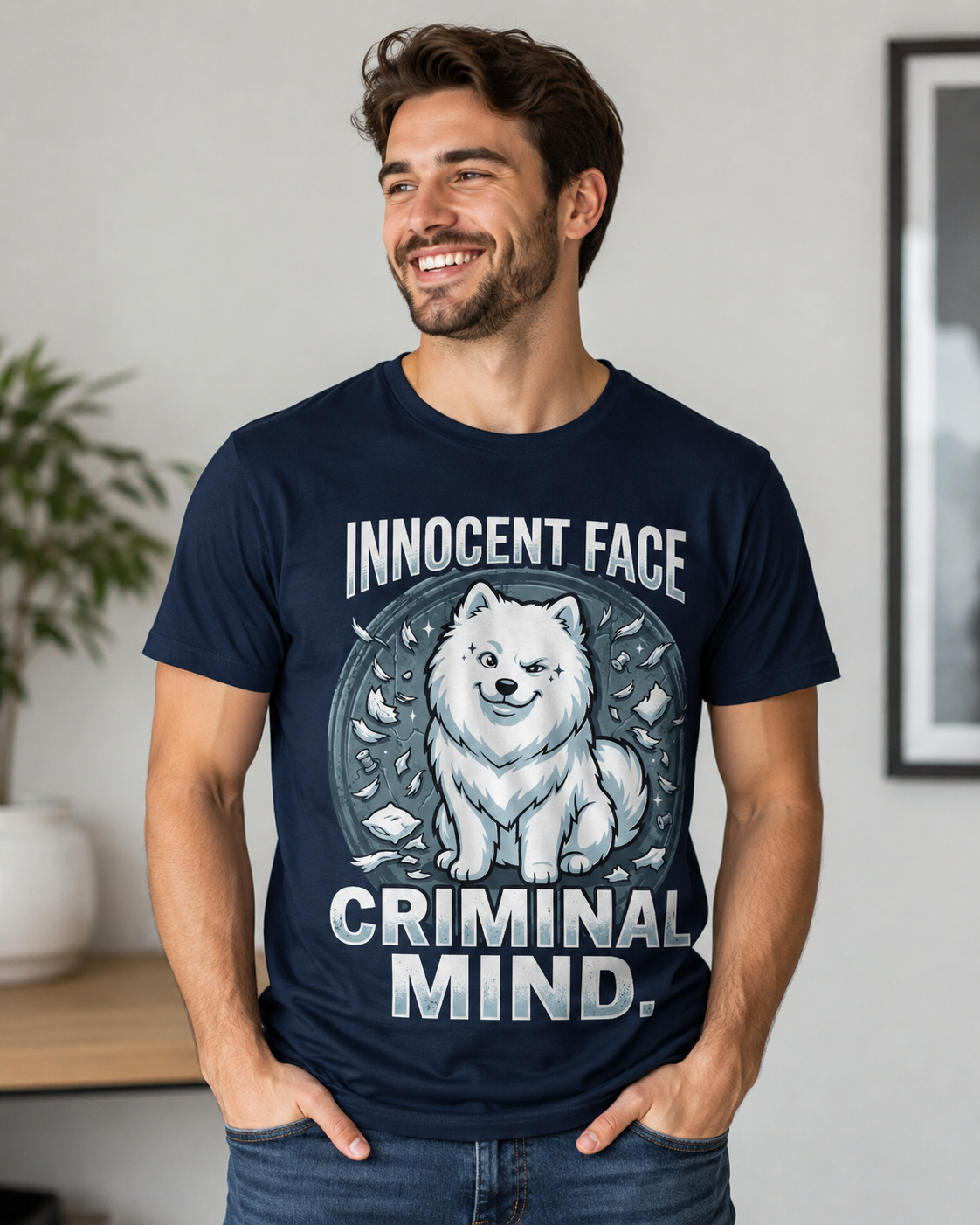 Innocent Face, Criminal Mind Samoyed tee - front design