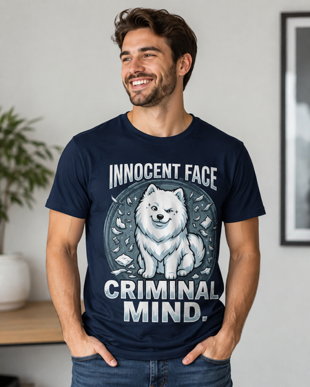 Innocent Face, Criminal Mind Samoyed tee - front design