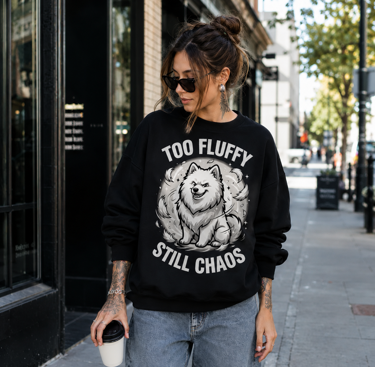Too Fluffy, Still Chaos Sweatshirt - funny Samoyed owner gift, close-up