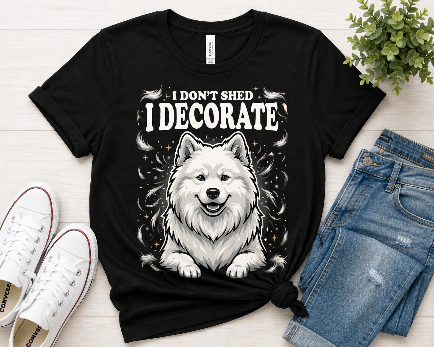 I Don't Shed, I Decorate Samoyed tee - close-up design detail