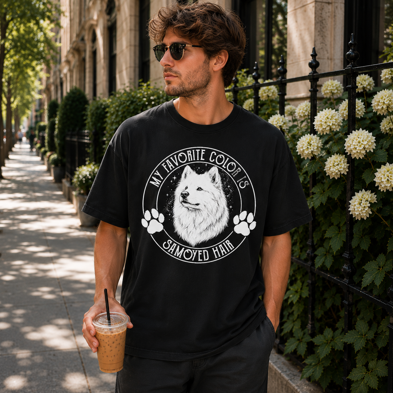 Samoyed Hair funny t-shirt worn by model