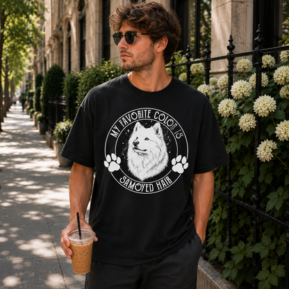Samoyed Hair funny t-shirt worn by model