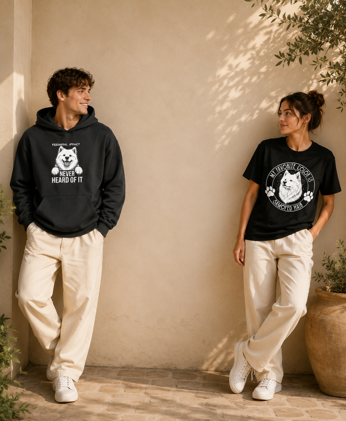 Samoyed owner wearing everyday comfortable premium apparel - mobile banner
