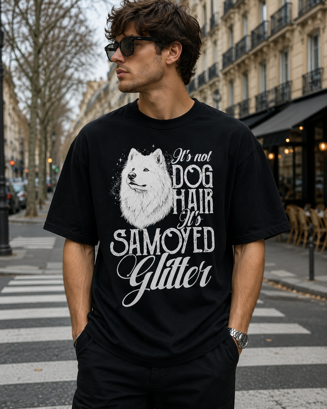 Samoyed Glitter Tee back view - funny t-shirt for dog owners with white fur humor