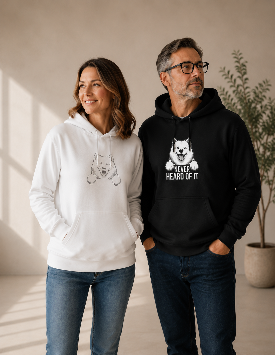 Samoyed dog lover wearing graphic t-shirt - mobile hero banner