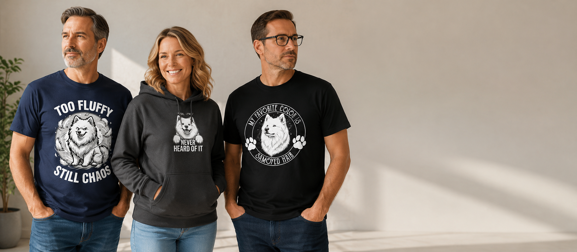 Samoyed owner in cozy apparel inspired by loyalty and companionship