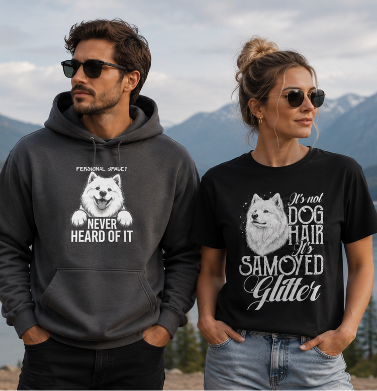 Samoyed owner wearing apparel with Love Wear Repeat design - mobile banner