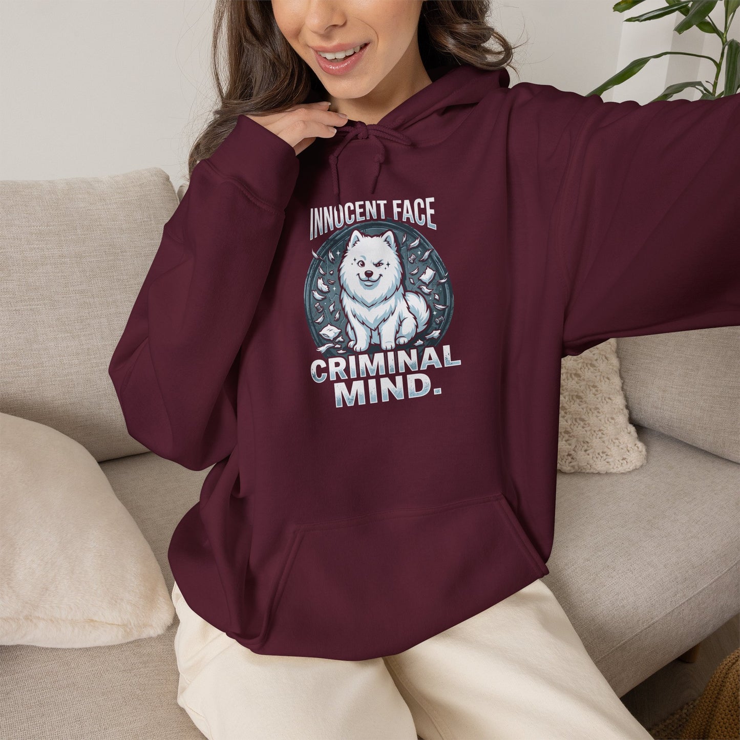 "Innocent Face, Criminal Mind" Hoodie — maroon