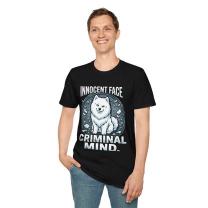 Innocent Face, Criminal Mind — Samoyed Owner Tee — black, front view