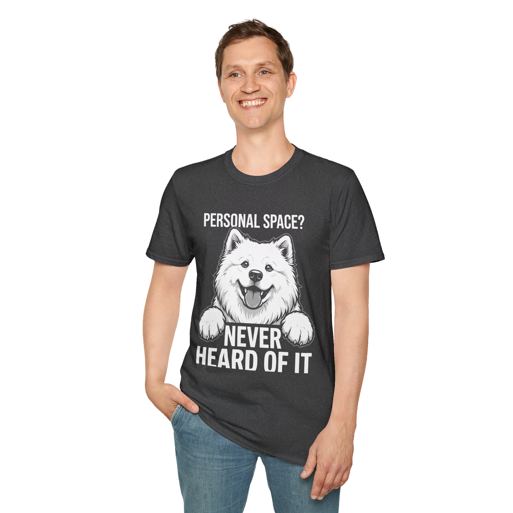 Personal Space, Never Heard of It — Samoyed Tee — dark heather, front view