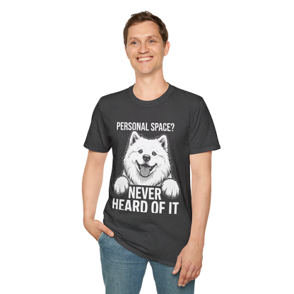 Personal Space, Never Heard of It — Samoyed Tee — dark heather, front view