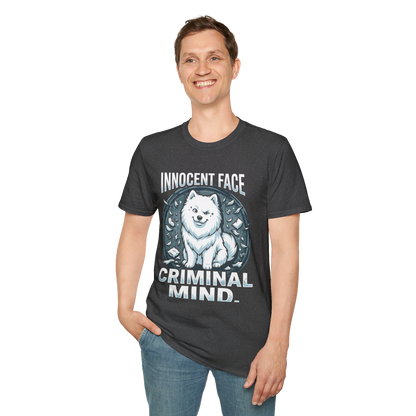 Innocent Face, Criminal Mind — Samoyed Owner Tee — dark heather, front view