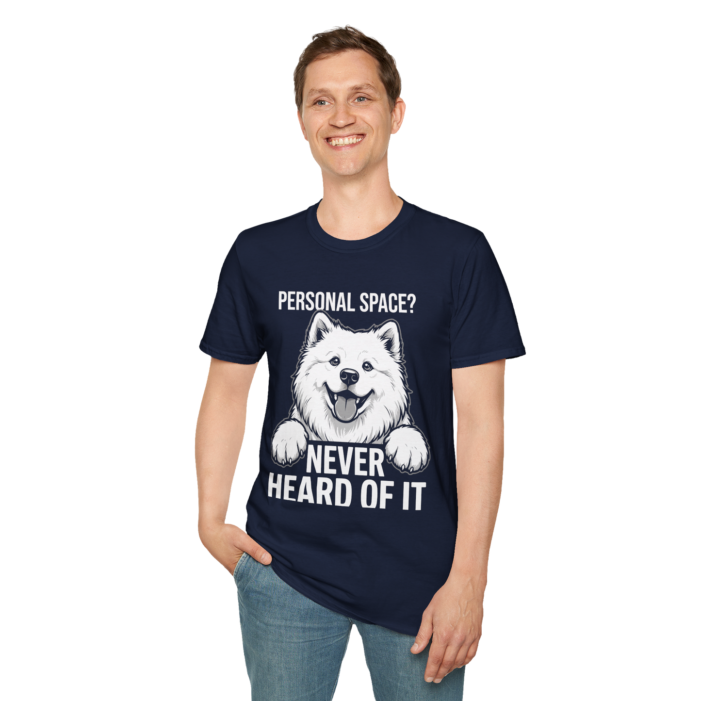 Personal Space, Never Heard of It — Samoyed Tee — navy, front view