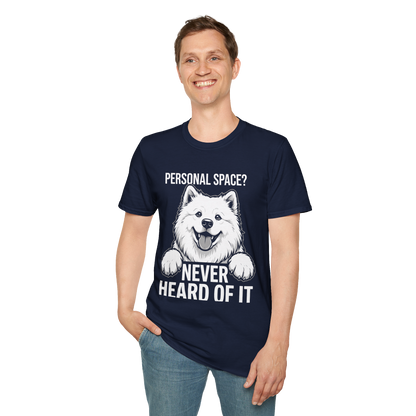 Personal Space, Never Heard of It — Samoyed Tee — navy, front view