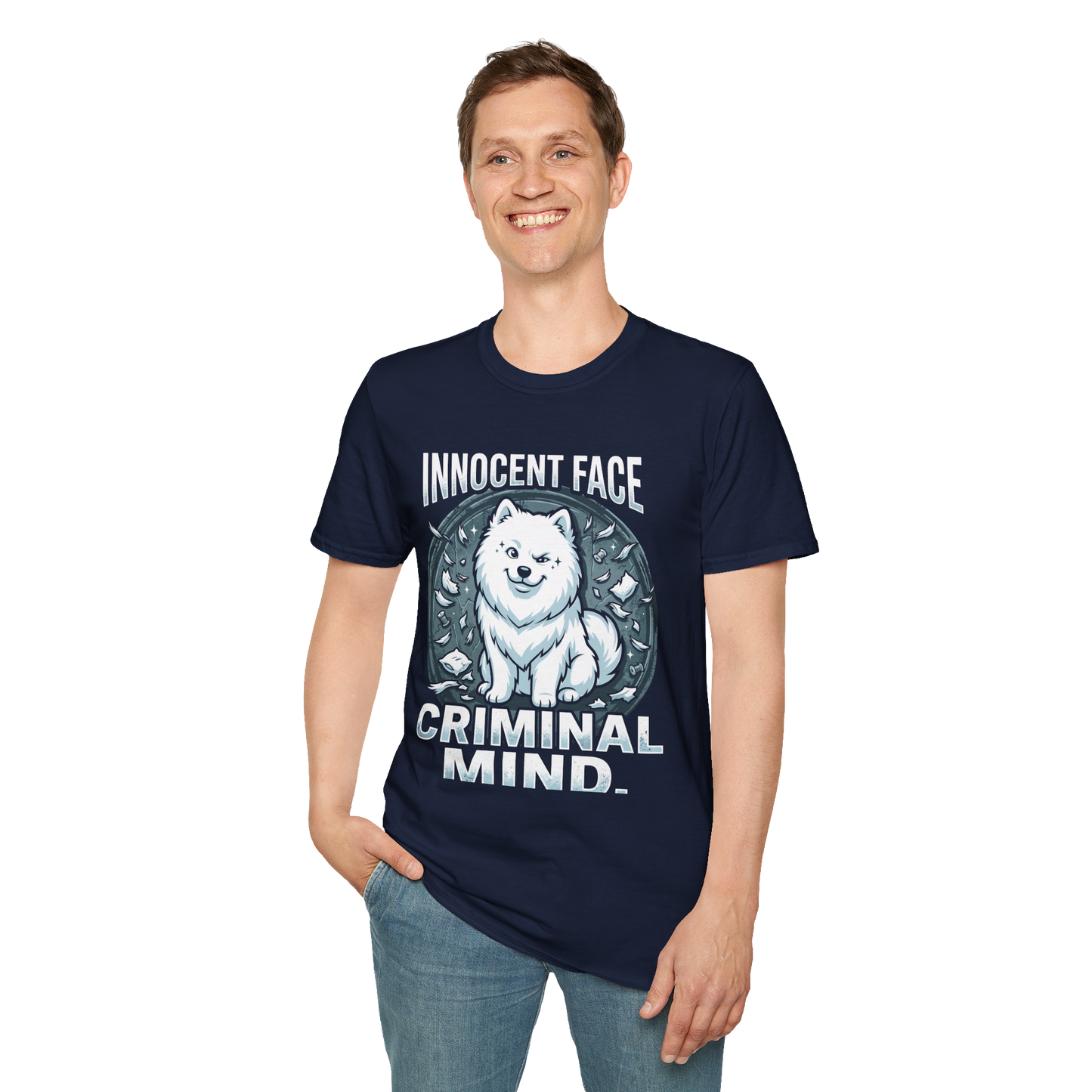 Innocent Face, Criminal Mind — Samoyed Owner Tee — navy, front view