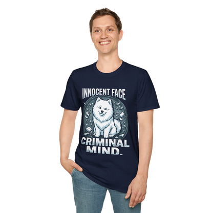 Innocent Face, Criminal Mind — Samoyed Owner Tee — navy, front view