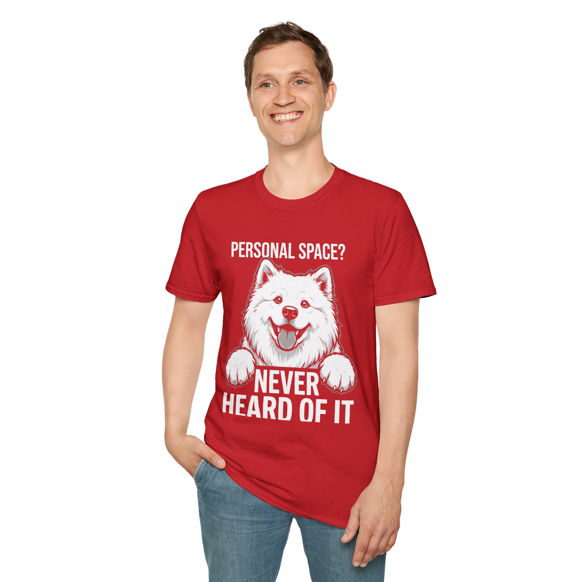 Personal Space, Never Heard of It — Samoyed Tee — red, front view