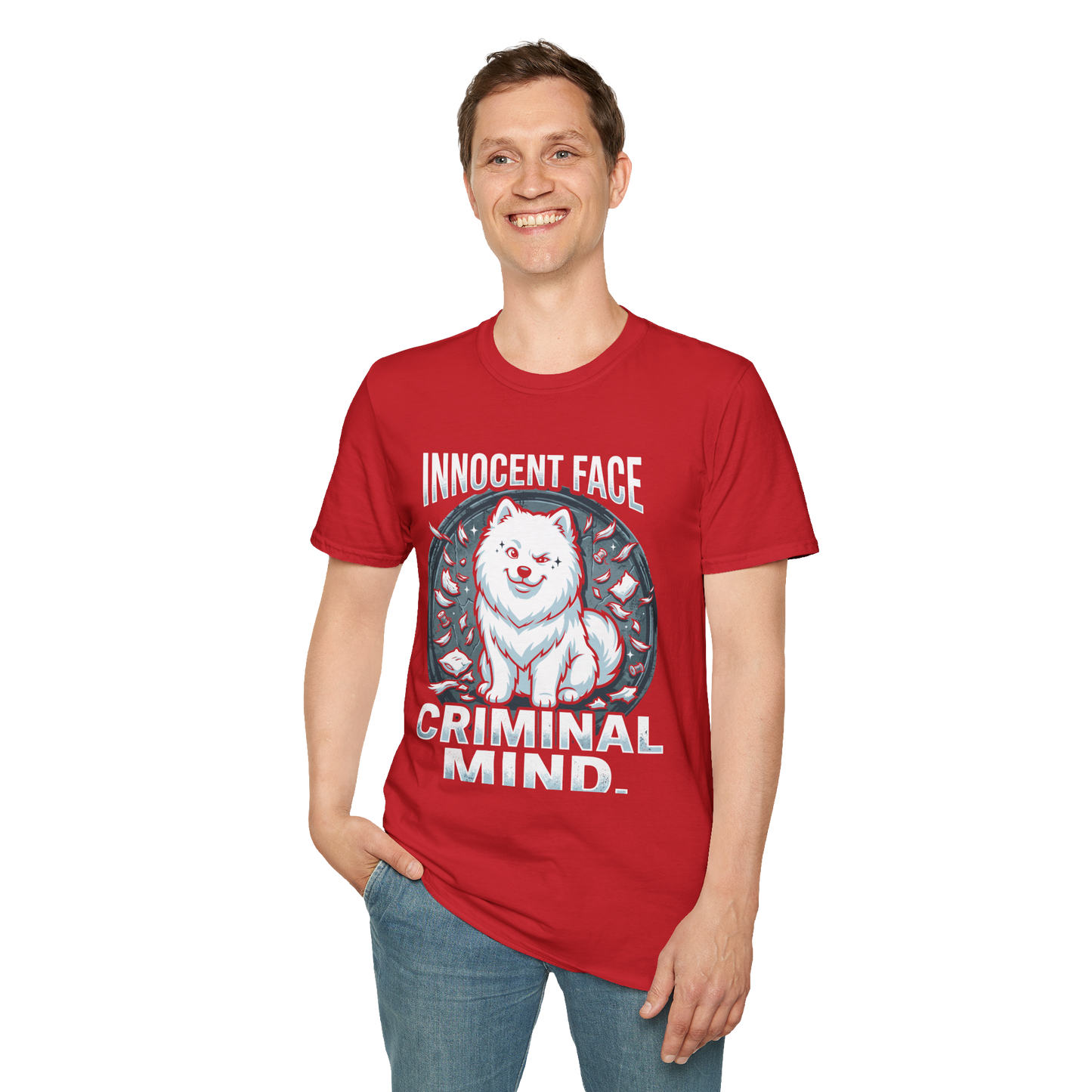 Innocent Face, Criminal Mind — Samoyed Owner Tee — red, front view