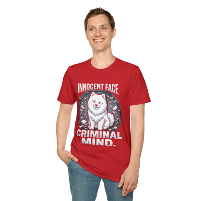 Innocent Face, Criminal Mind — Samoyed Owner Tee — red, front view