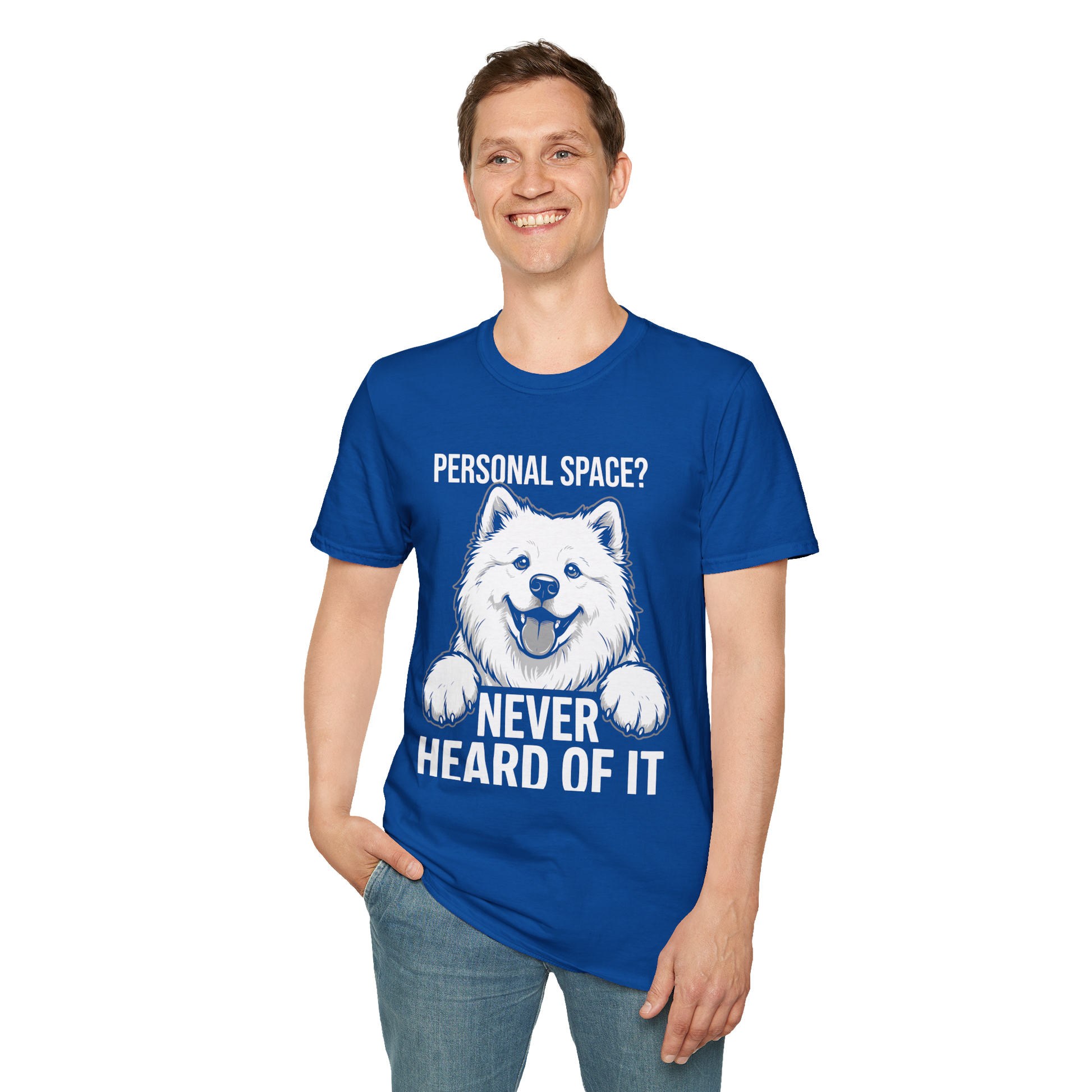 Personal Space, Never Heard of It — Samoyed Tee — royal, front view