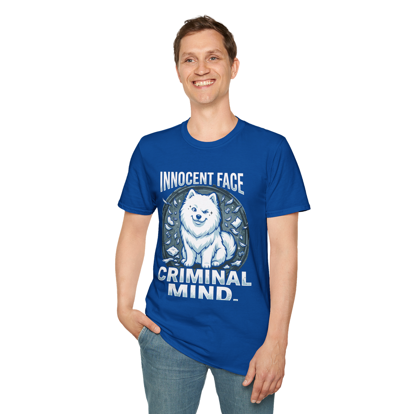Innocent Face, Criminal Mind — Samoyed Owner Tee — royal, front view