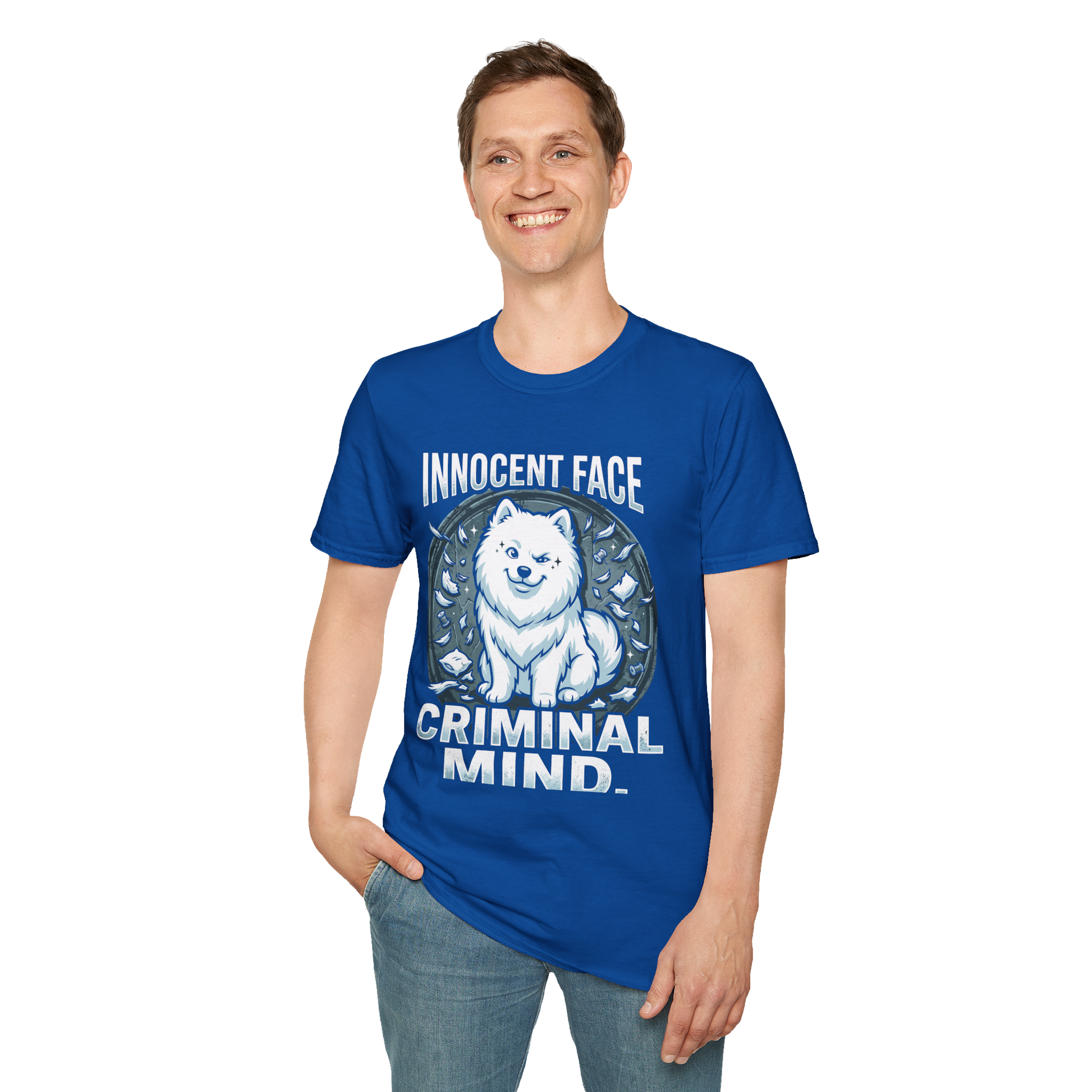 Innocent Face, Criminal Mind — Samoyed Owner Tee — royal, front view