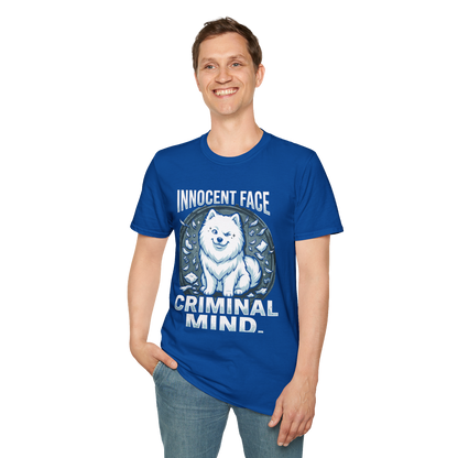 Innocent Face, Criminal Mind — Samoyed Owner Tee — royal, front view