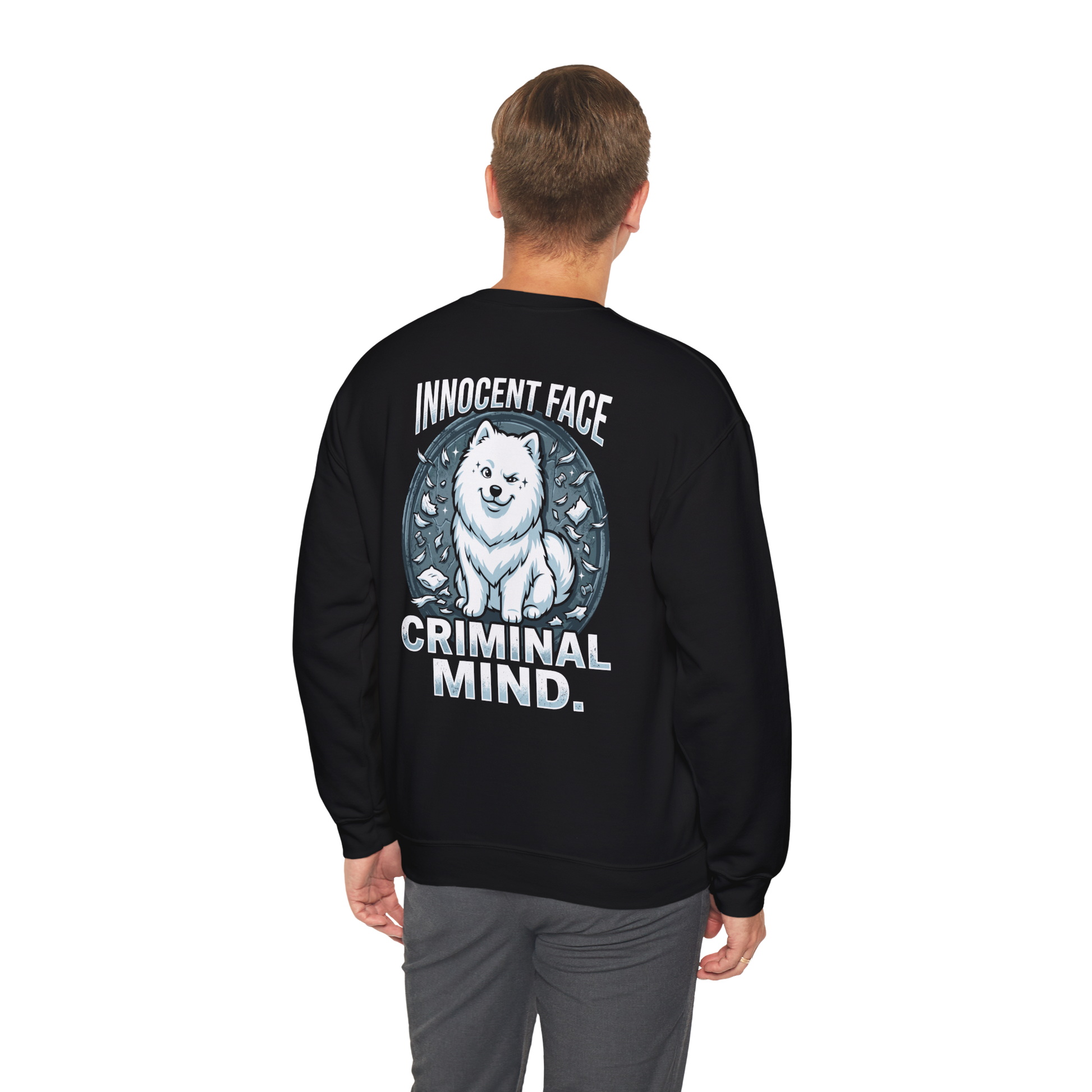 Innocent Face, Criminal Mind — Samoyed Sweatshirt — black, back view