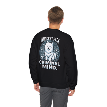 Innocent Face, Criminal Mind — Samoyed Sweatshirt — black, back view