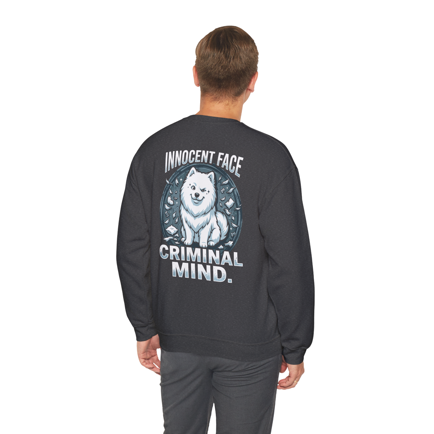 Innocent Face, Criminal Mind — Samoyed Sweatshirt — dark heather, back view