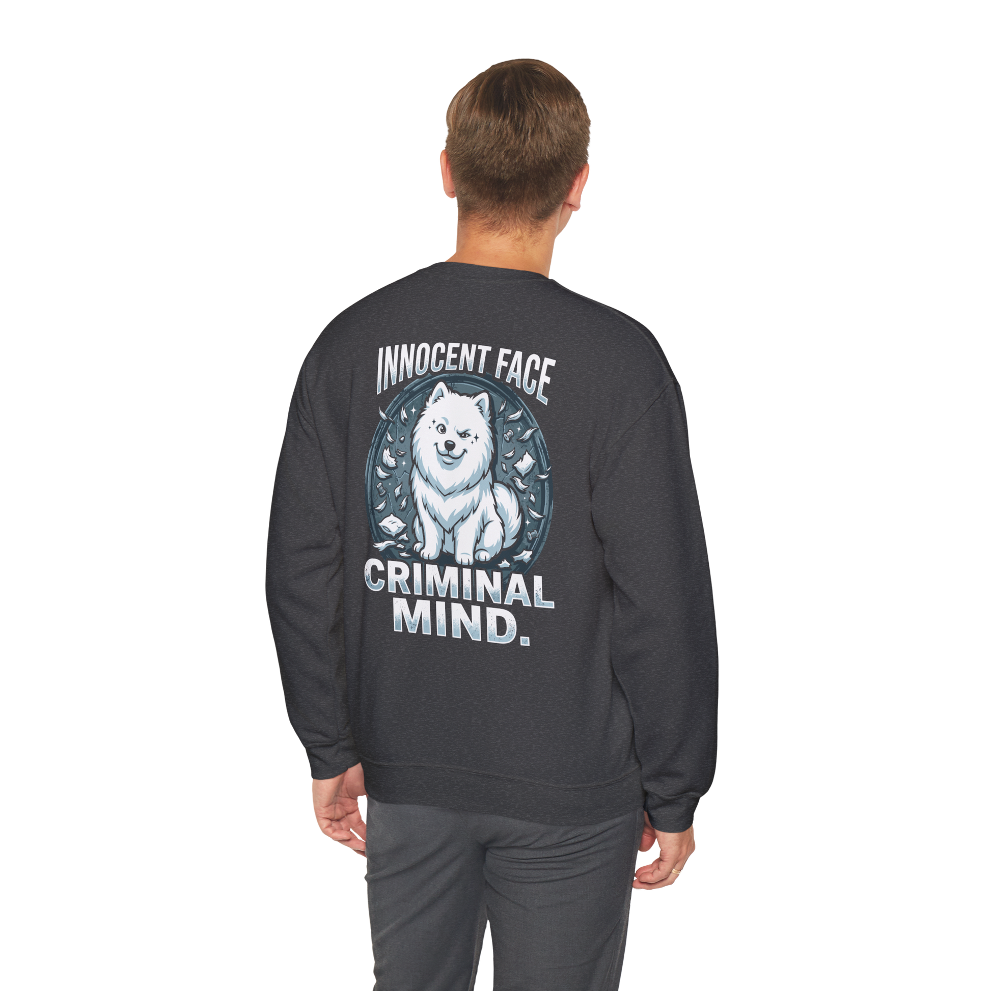 Innocent Face, Criminal Mind — Samoyed Sweatshirt — dark heather, back view