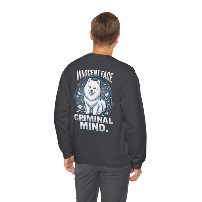 Innocent Face, Criminal Mind — Samoyed Sweatshirt — dark heather, back view