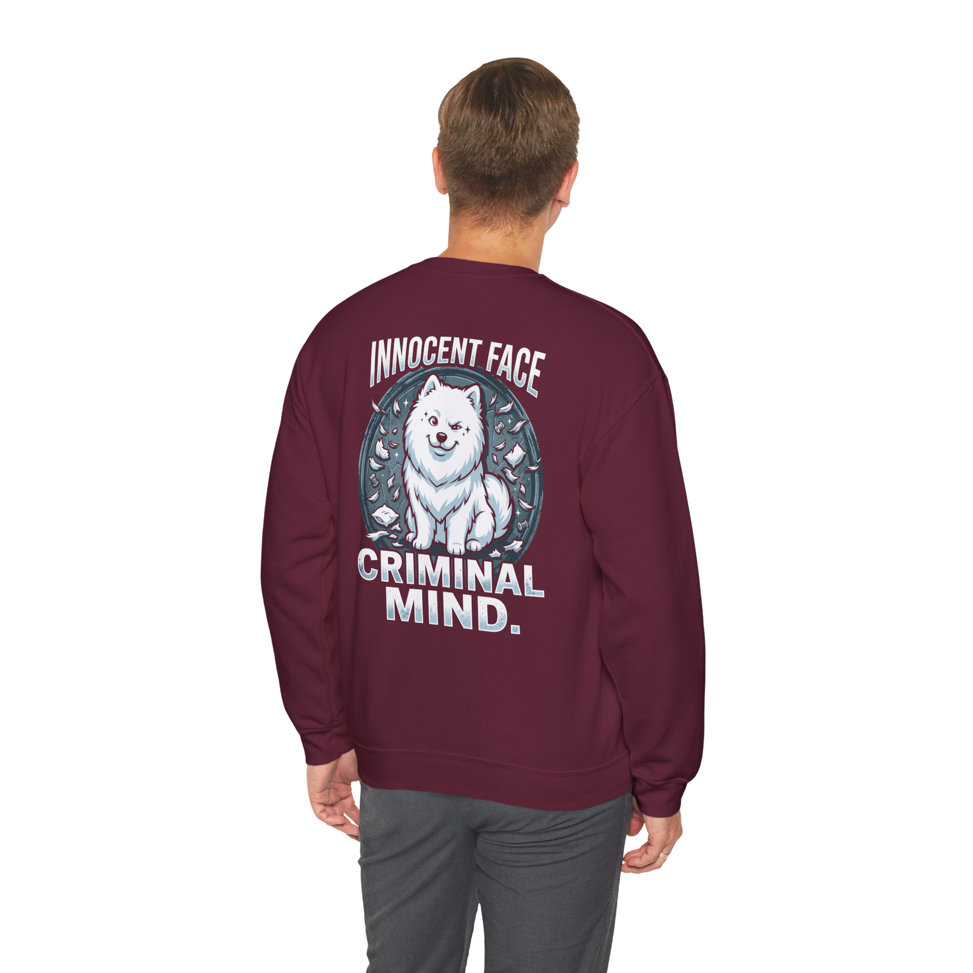 Innocent Face, Criminal Mind — Samoyed Sweatshirt — maroon, back view