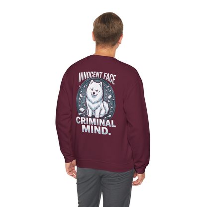 Innocent Face, Criminal Mind — Samoyed Sweatshirt — maroon, back view