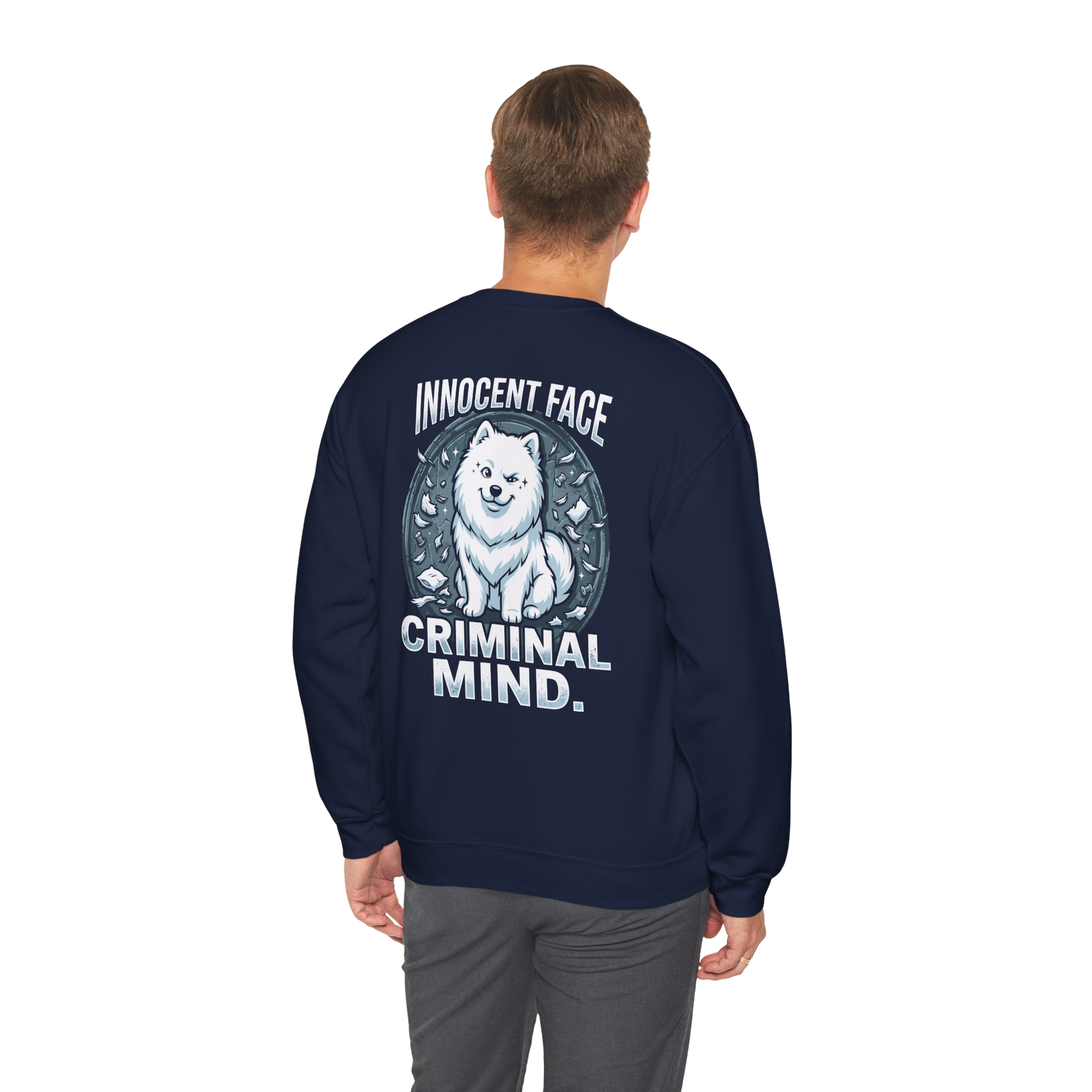 Innocent Face, Criminal Mind — Samoyed Sweatshirt — navy, back view