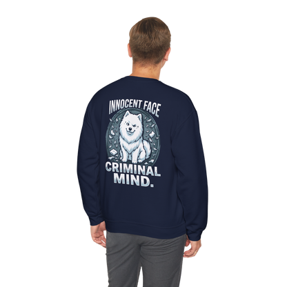Innocent Face, Criminal Mind — Samoyed Sweatshirt — navy, back view
