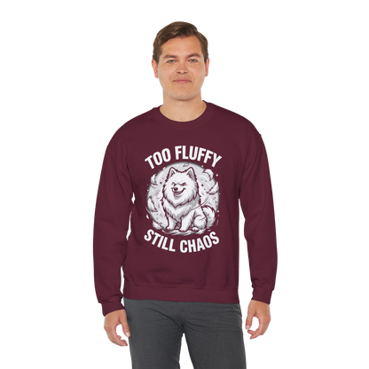 Too Fluffy, Still Chaos Sweatshirt | Funny Samoyed Owner Gift — maroon, worn by model