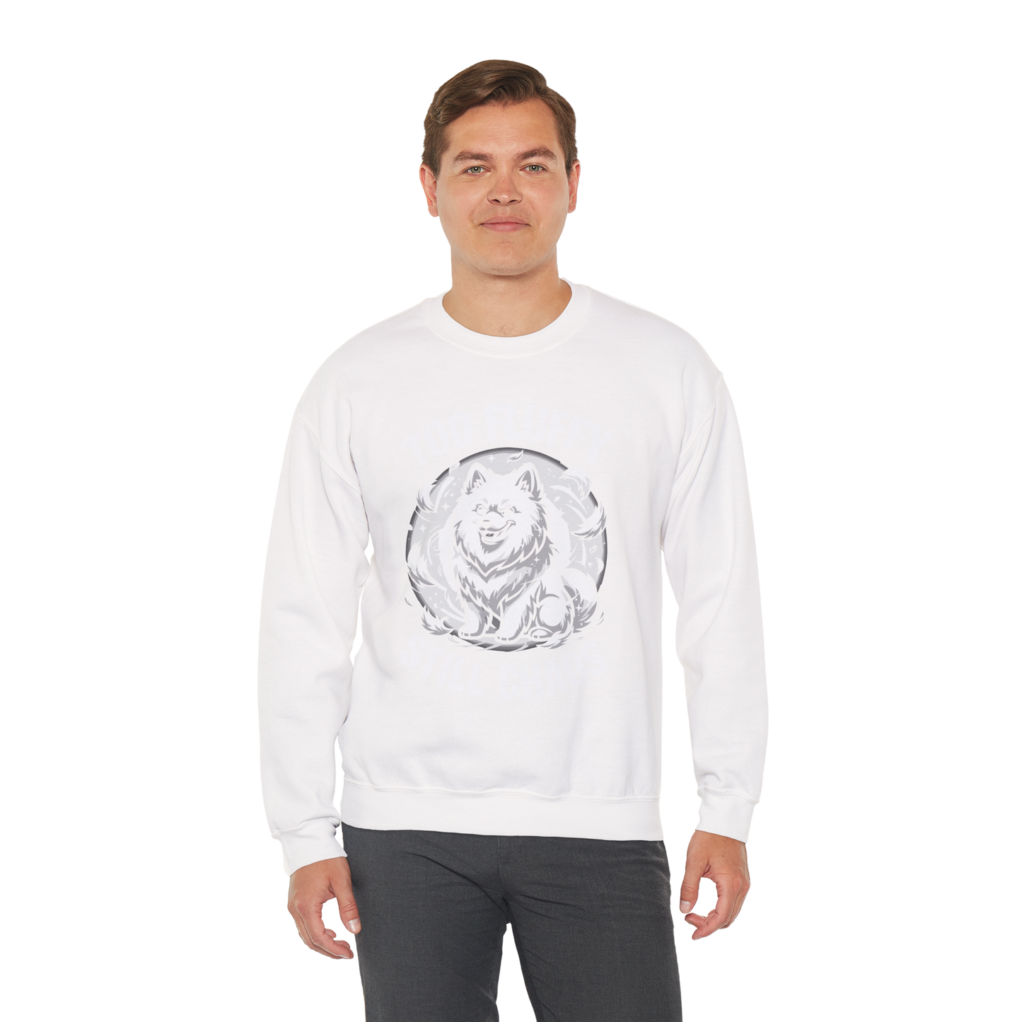 Too Fluffy, Still Chaos Sweatshirt | Funny Samoyed Owner Gift — white, worn by model