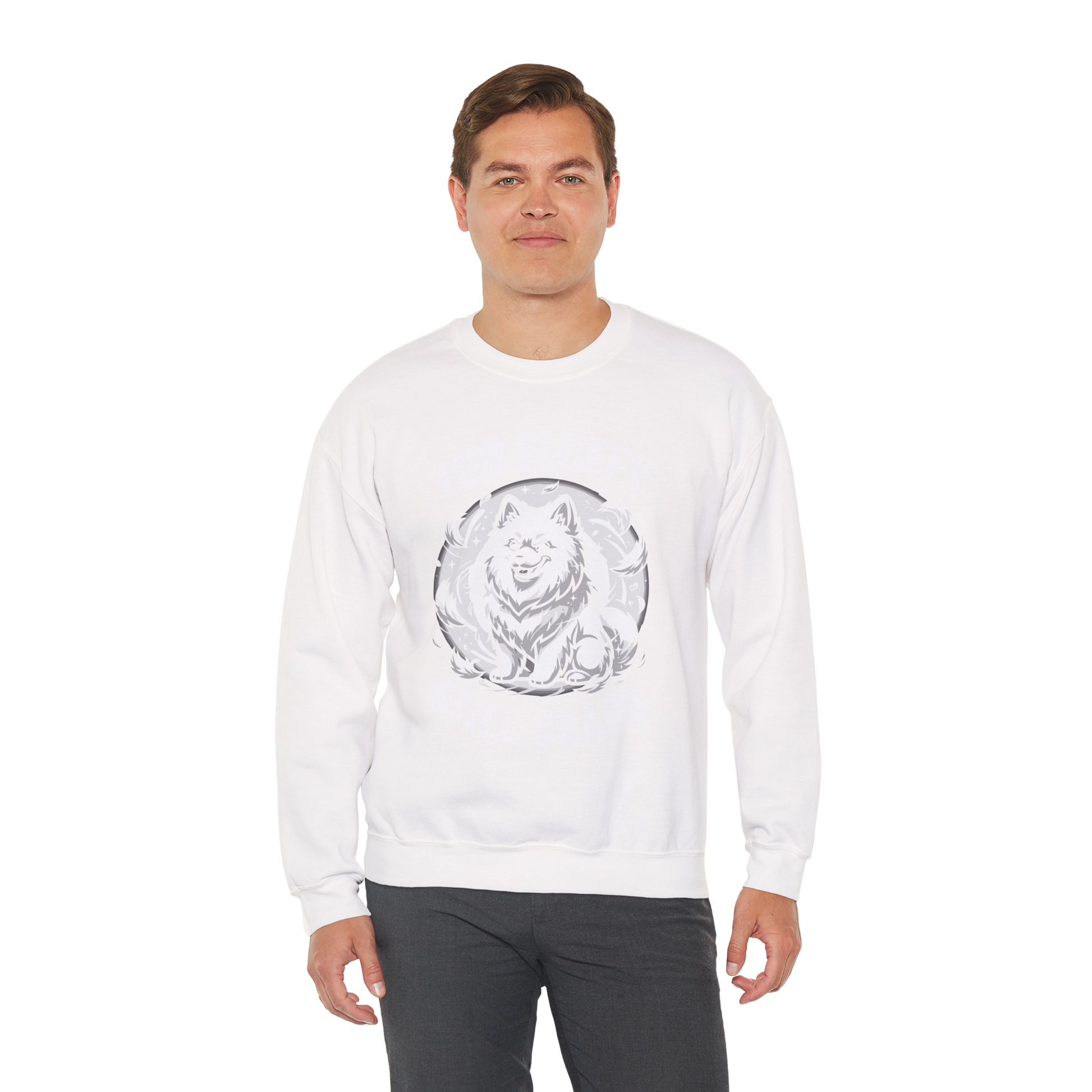 Too Fluffy, Still Chaos Sweatshirt | Funny Samoyed Owner Gift — white, worn by model