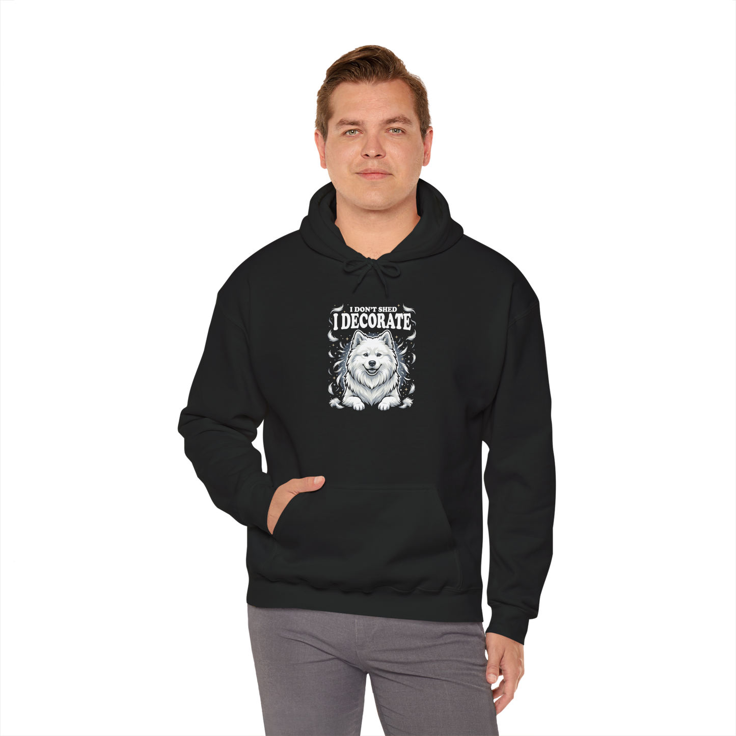 "I Don't Shed, I Decorate" Hoodie — black, worn by model