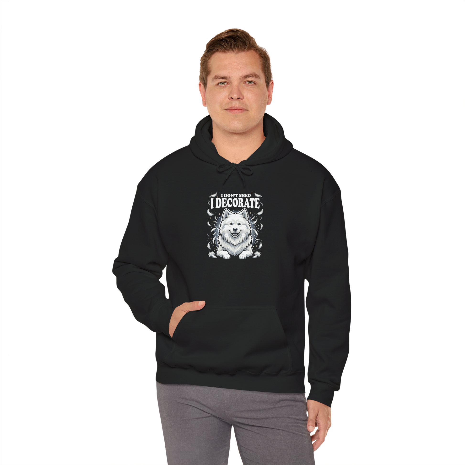 "I Don't Shed, I Decorate" Hoodie — black, worn by model