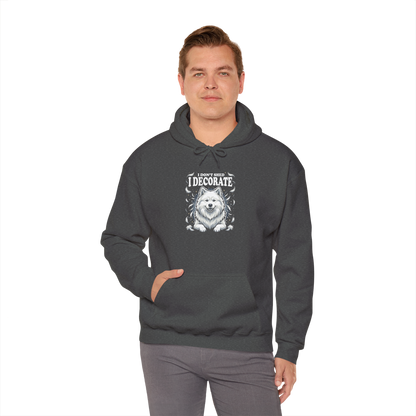 "I Don't Shed, I Decorate" Hoodie — dark heather, worn by model